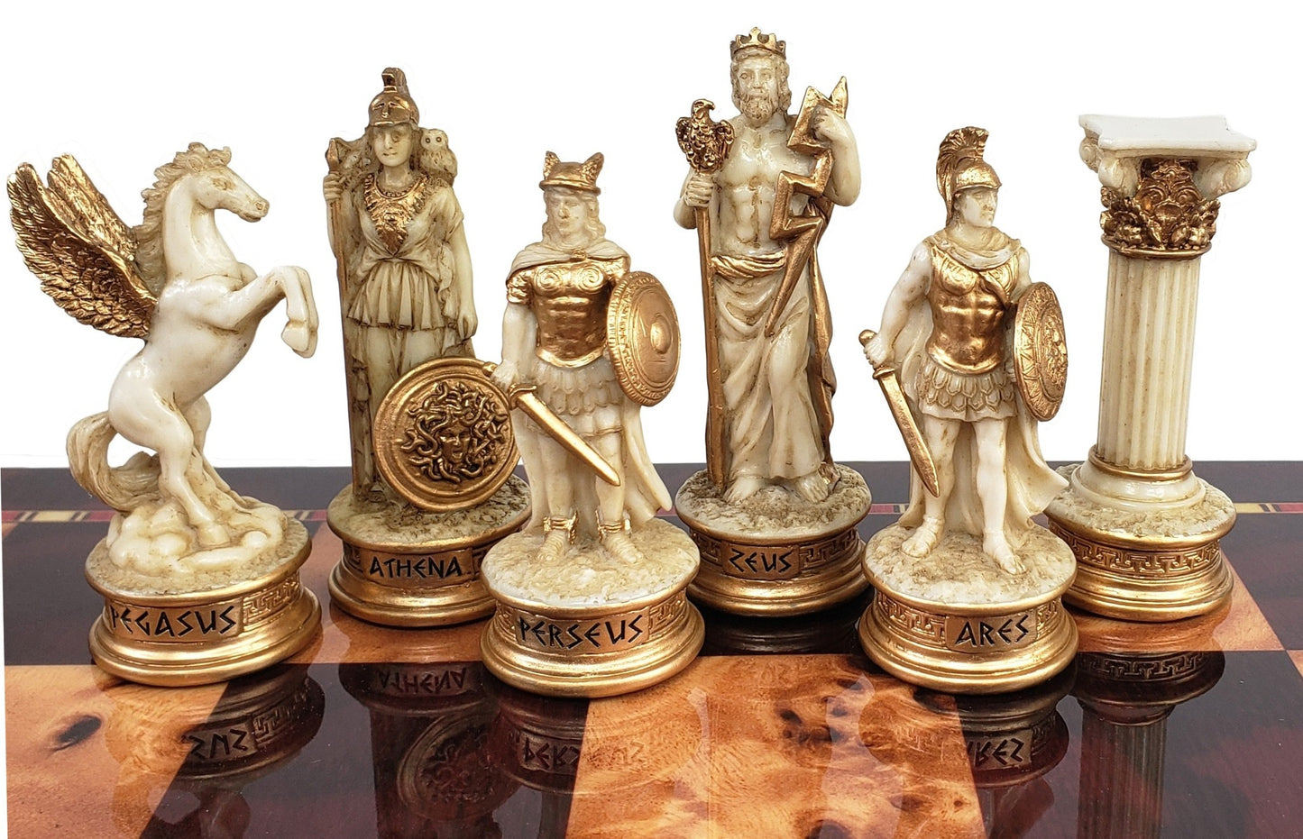Greek Mythology Olympus Gods Chess Set Antique White W/ 18" Cherry Color Board