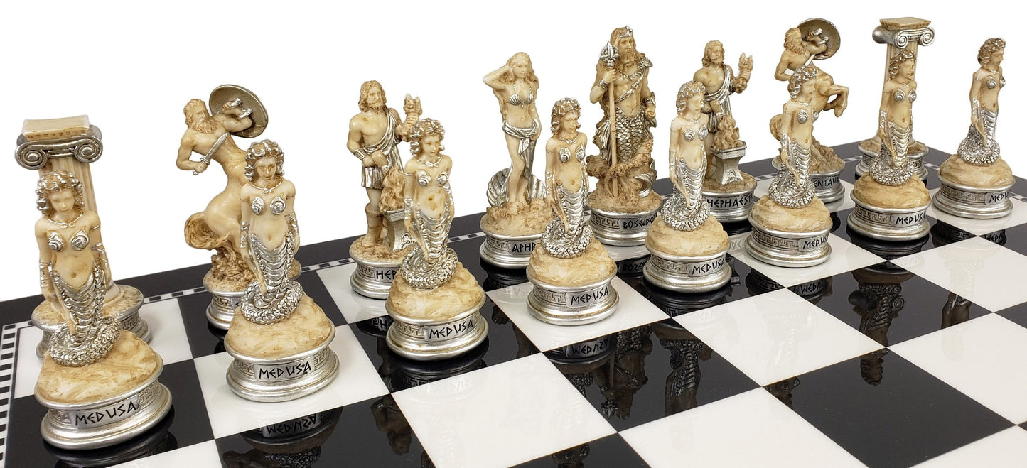 Greek Mythology Olympus Gods Chess Set Antique White 17" Black White Storage Bd