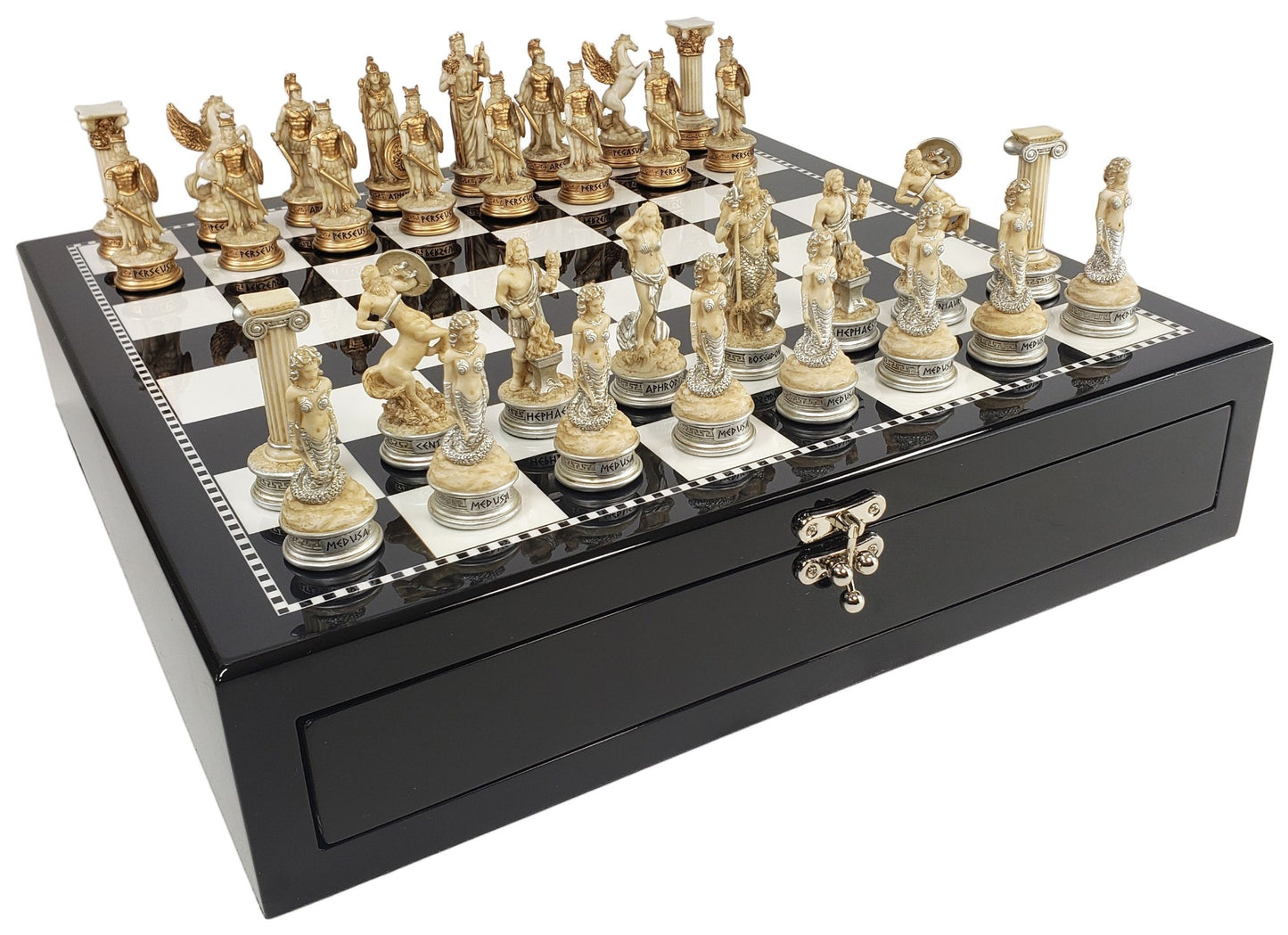 Greek Mythology Olympus Gods Chess Set Antique White 17" Black White Storage Bd