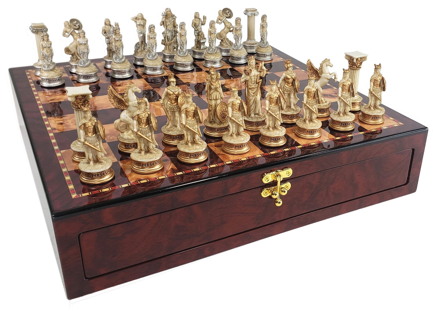 Greek Mythology Olympus Gods Chess Set Antique White 17" Cherry Color Storage Bd