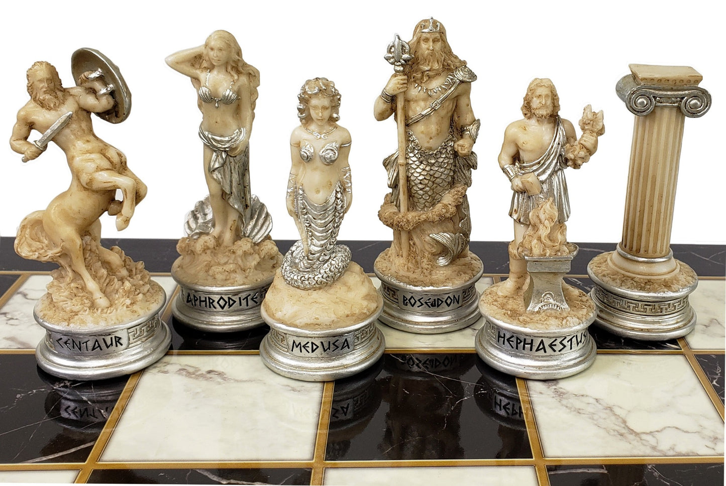 Greek Mythology Olympus Gods Chess Set Antique White 17" Black Faux Marble Board