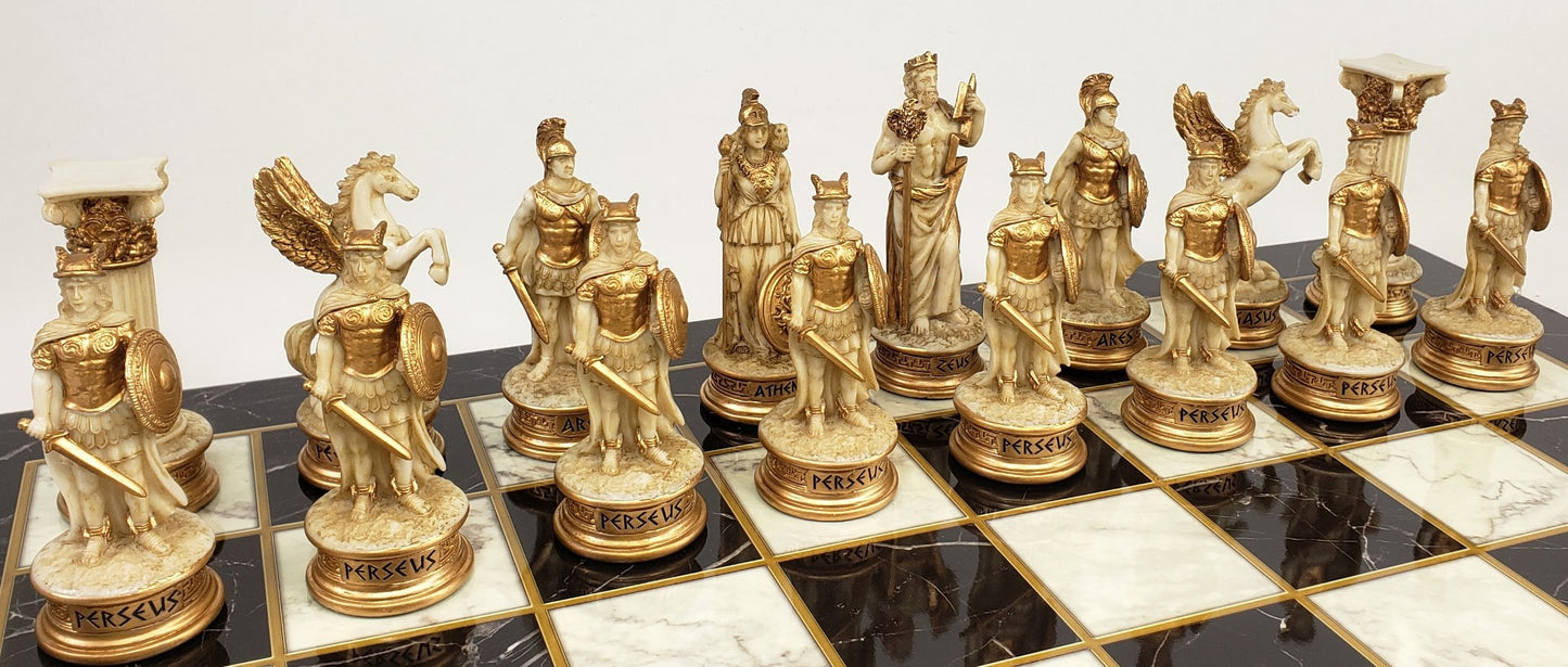 Greek Mythology Olympus Gods Chess Set Antique White 17" Black Faux Marble Board