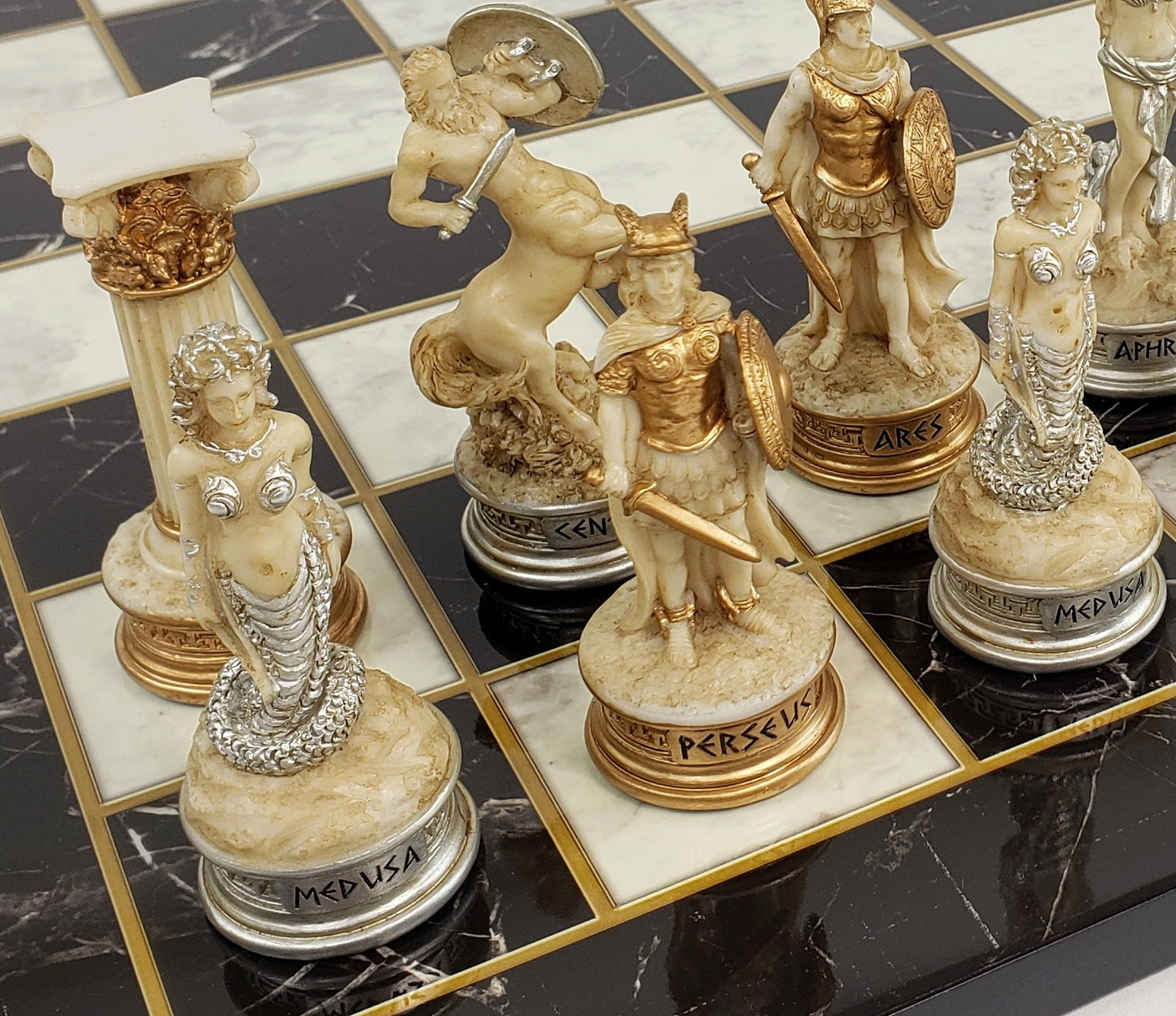 Greek Mythology Olympus Gods Chess Set Antique White 17" Black Faux Marble Board