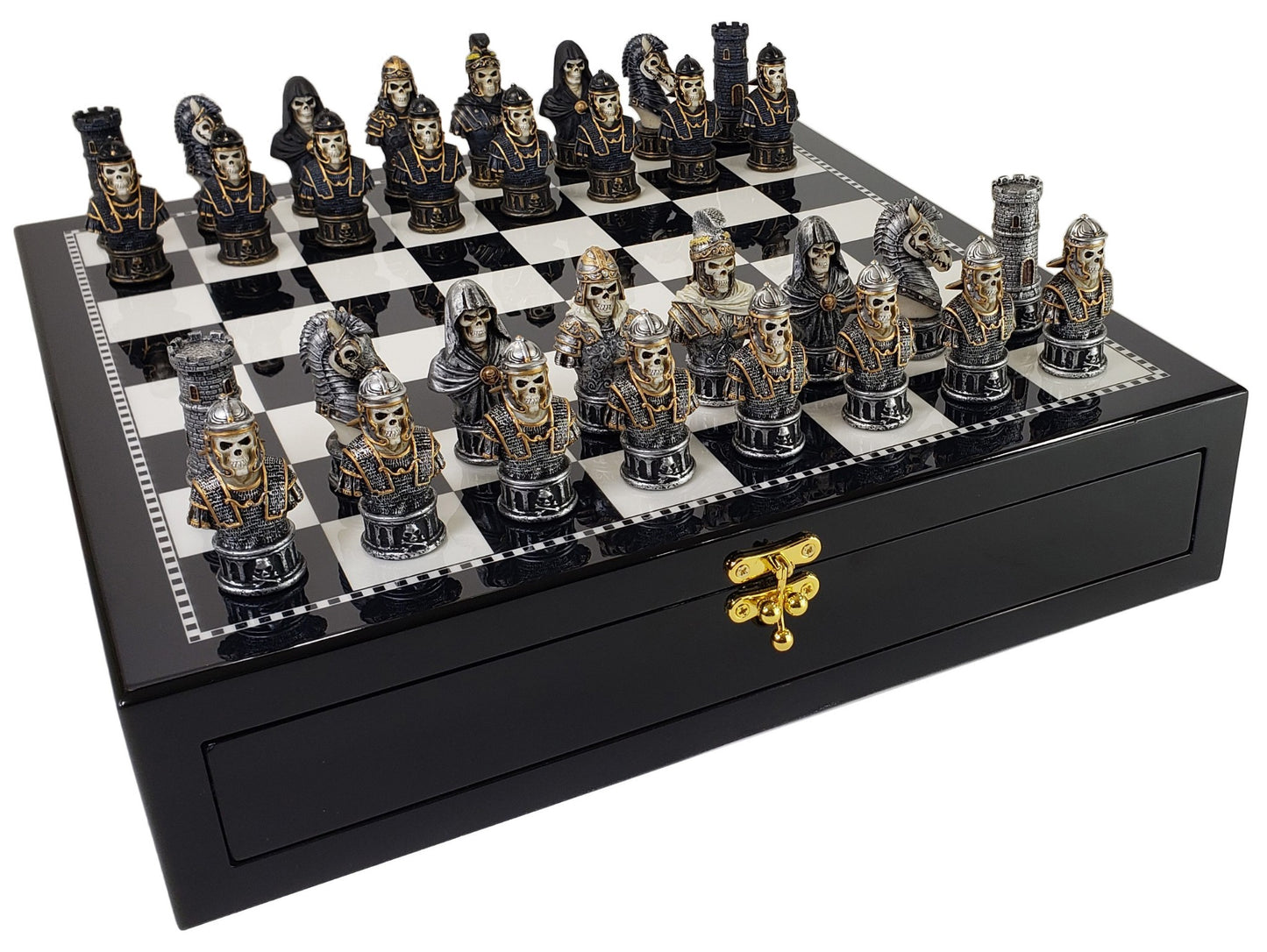 Medieval Times Skull Busts Skeleton Chess Set W/ 17" Black & White Storage Board