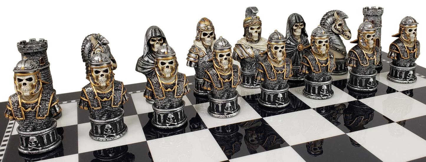 Medieval Times Skull Busts Skeleton Chess Set W/ 17" Black & White Storage Board