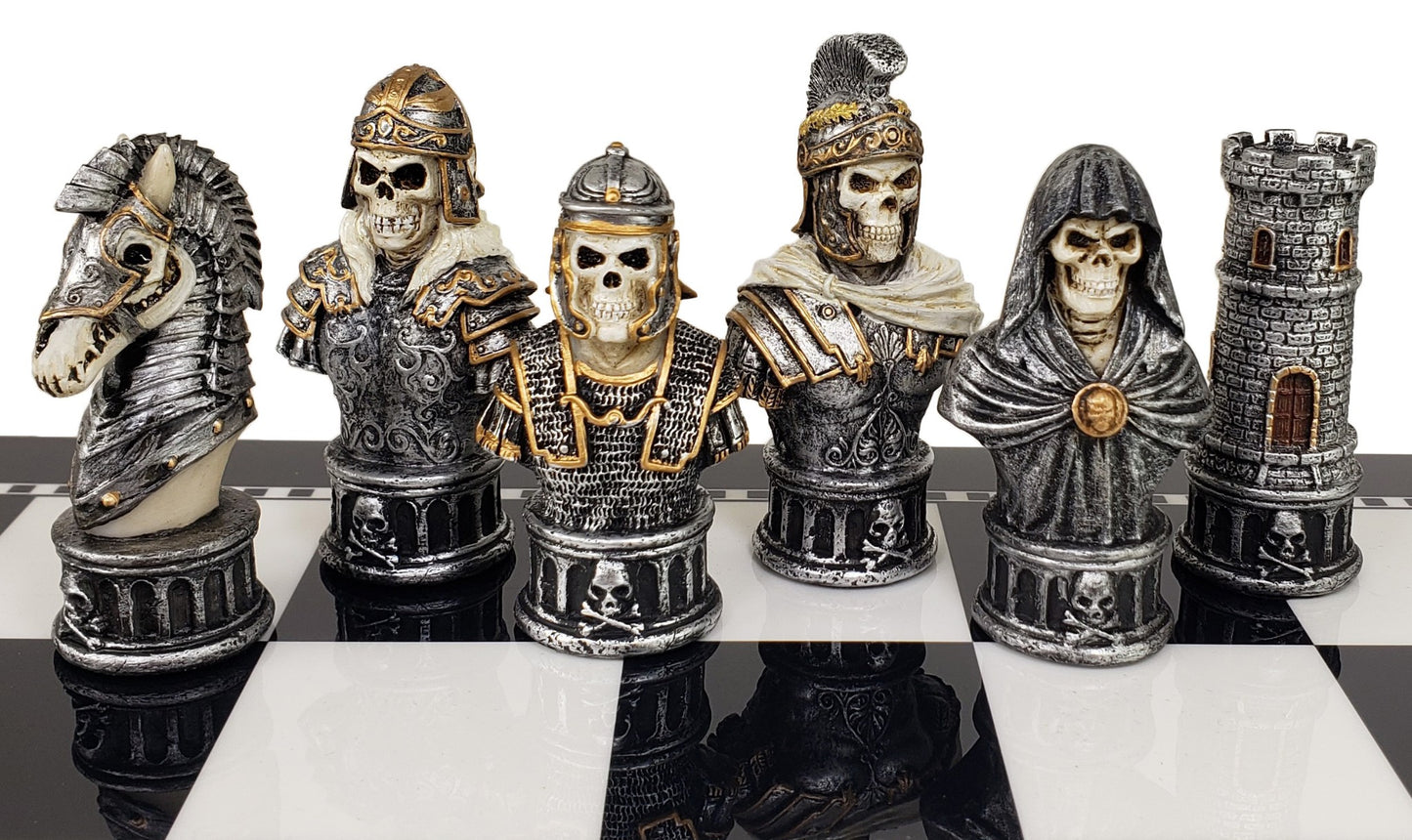 Medieval Times Skull Busts Skeleton Chess Set W/ 17" Black & White Storage Board
