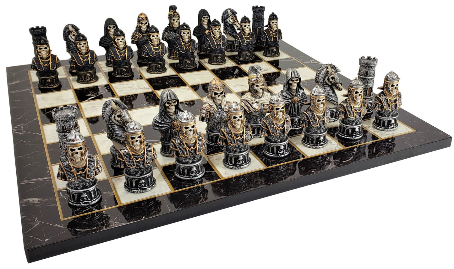 Medieval Times Skull Busts Gothic Fantasy Chess Set Black White Faux Marble Brd