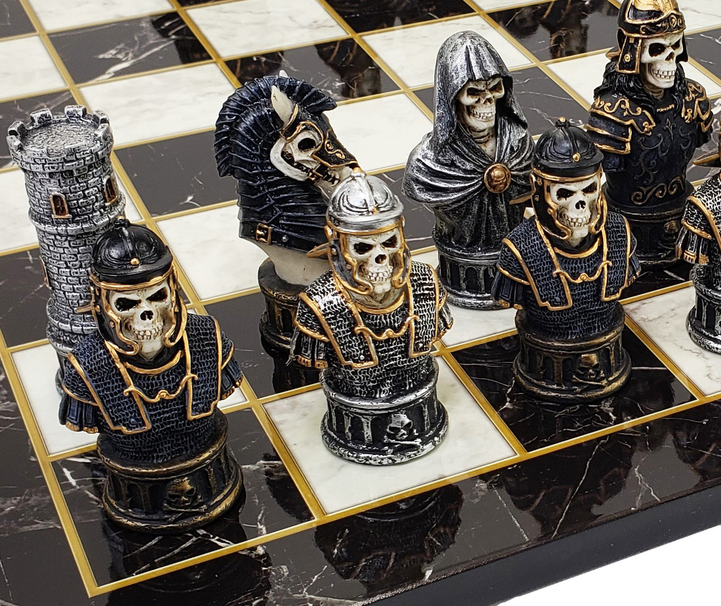 Medieval Times Skull Busts Gothic Fantasy Chess Set Black White Faux Marble Brd