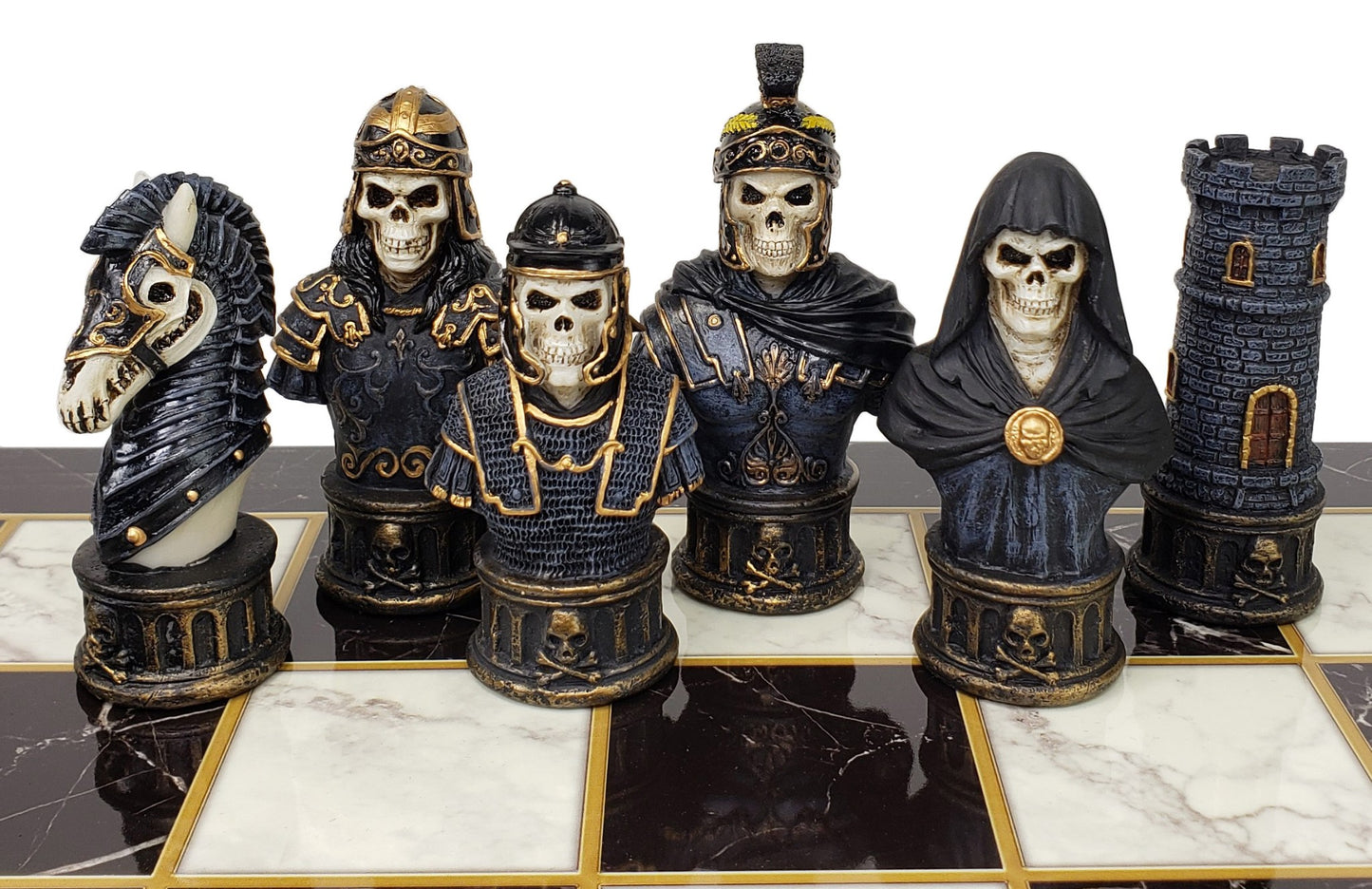 Medieval Times Skull Busts Gothic Fantasy Chess Set Black White Faux Marble Brd