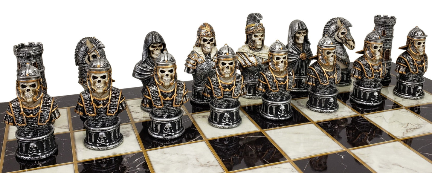 Medieval Times Skull Busts Gothic Fantasy Chess Set Black White Faux Marble Brd