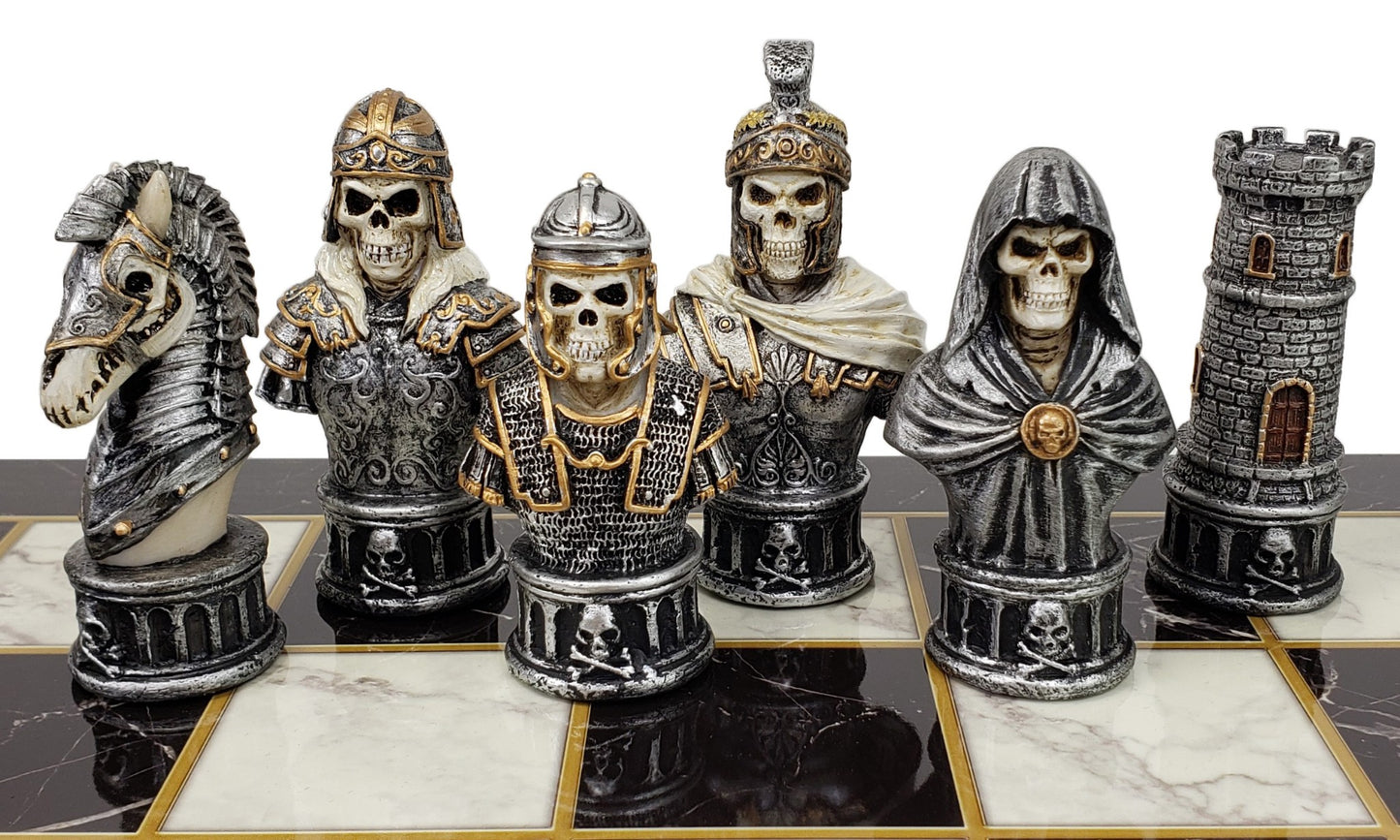 Medieval Times Skull Busts Gothic Fantasy Chess Set Black White Faux Marble Brd