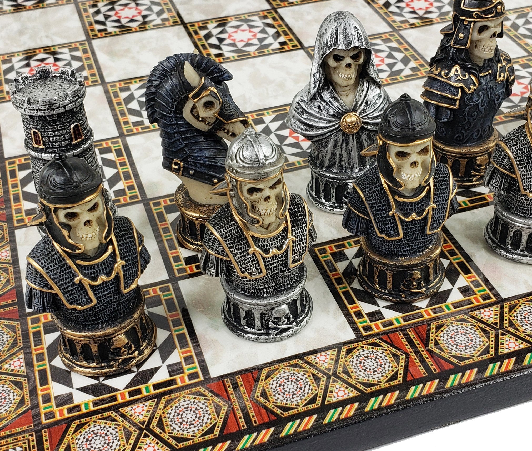 HPL Medieval Times Crusades Knight Chess Set Gold & Silver Busts with 17 inch Faux Marble Storage Board