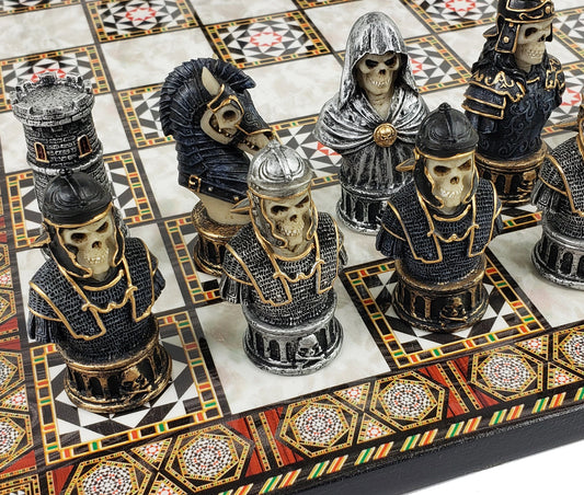Medieval Times Gothic Skeleton Busts Chess Set W 17" Mosaic Color Board