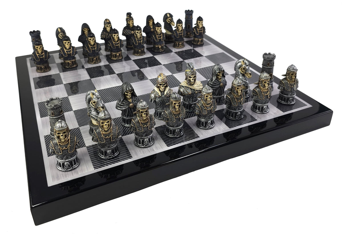 Medieval Times Skull Busts Gothic Chess Set W 18" Black Carbon Fiber Color Board