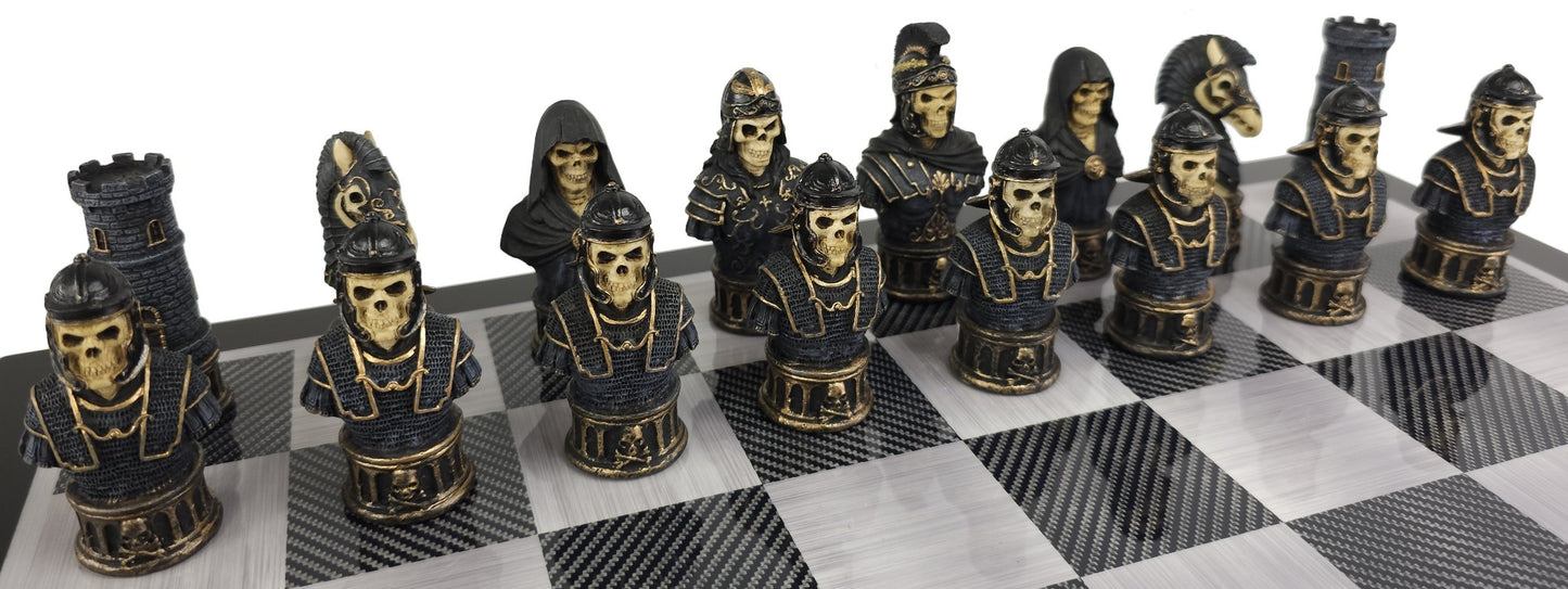 Medieval Times Skull Busts Gothic Chess Set W 18" Black Carbon Fiber Color Board