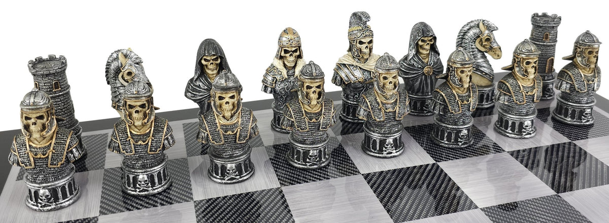 Medieval Times Skull Busts Gothic Chess Set W 18" Black Carbon Fiber Color Board