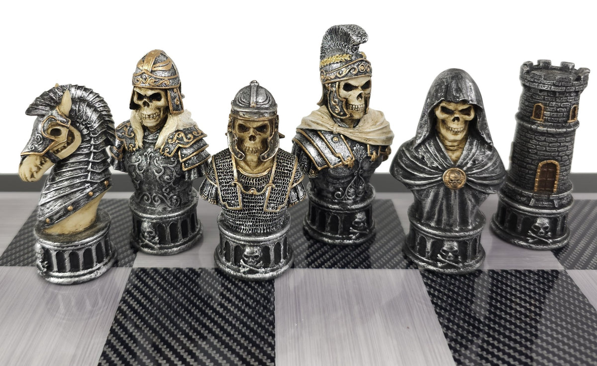 Medieval Times Skull Busts Gothic Chess Set W 18" Black Carbon Fiber Color Board