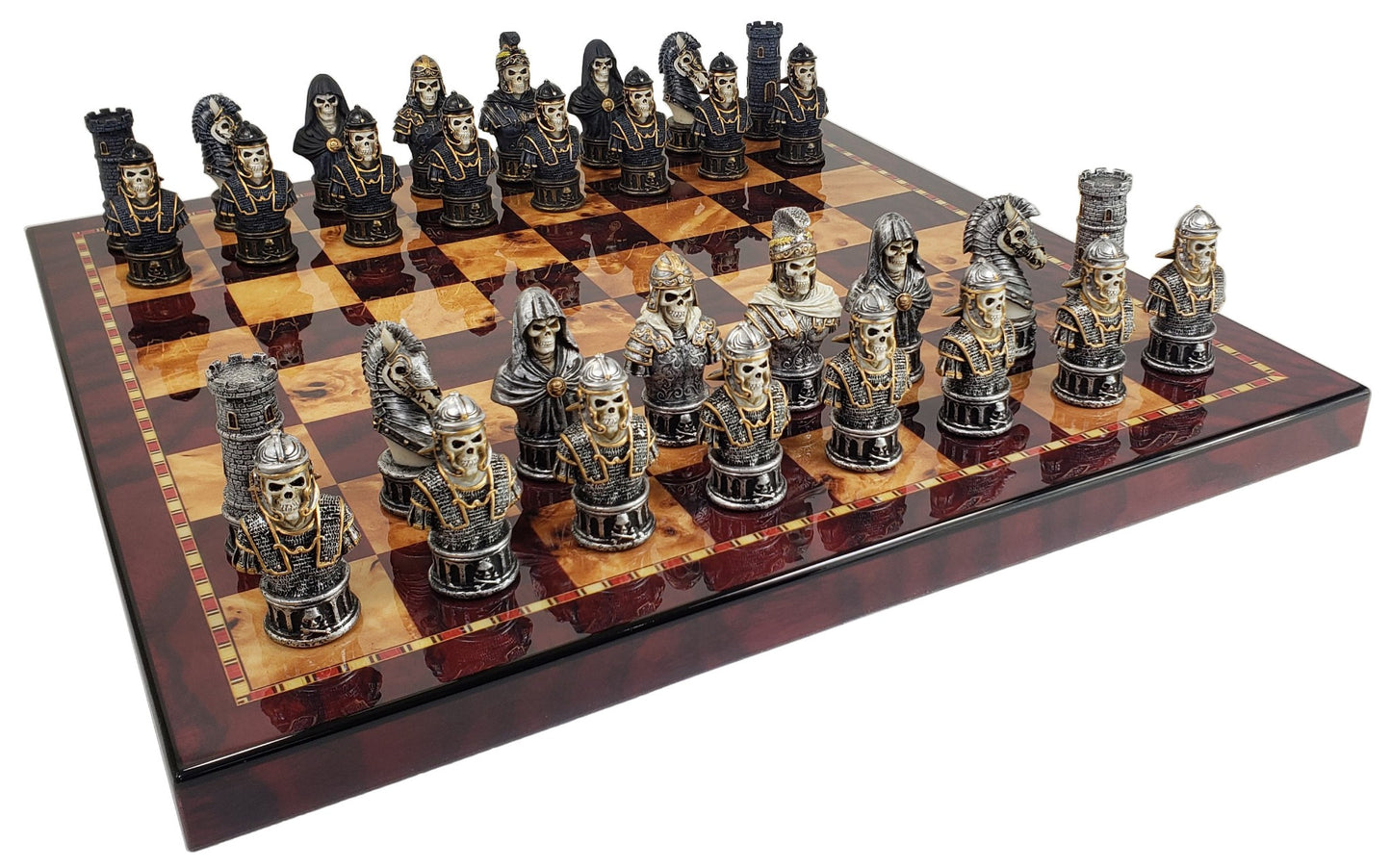 Medieval Times Skull Busts Gothic Fantasy Chess Set with 18" Cherry Color Board