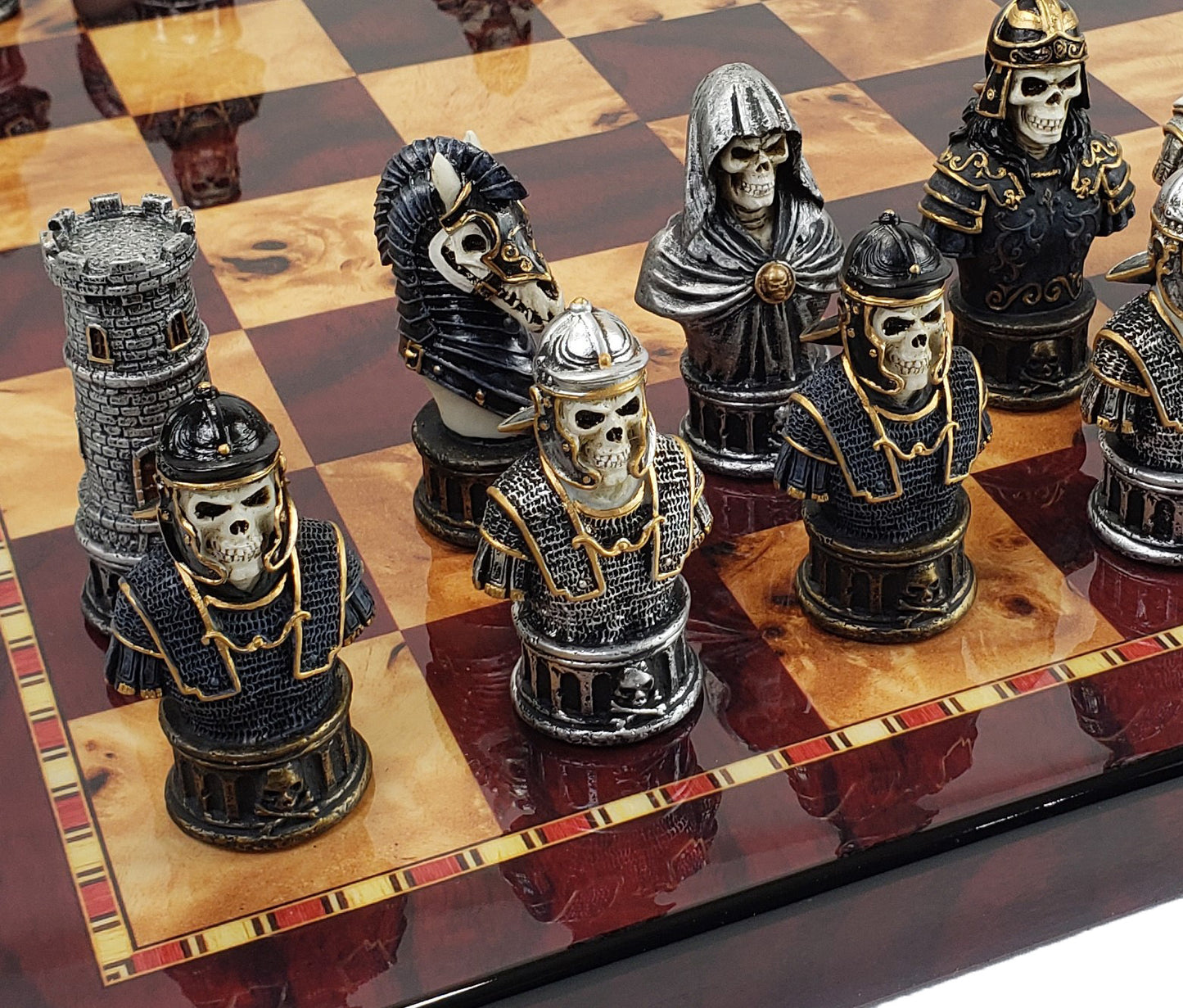 Medieval Times Skull Busts Gothic Fantasy Chess Set with 18" Cherry Color Board