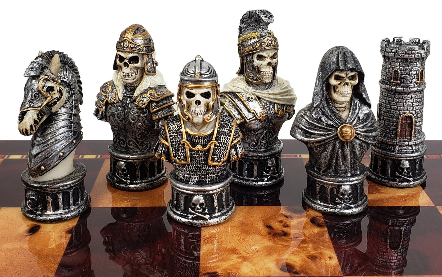 Medieval Times Skull Busts Skeleton Chess Set W/ 17" Cherry Color Storage Board