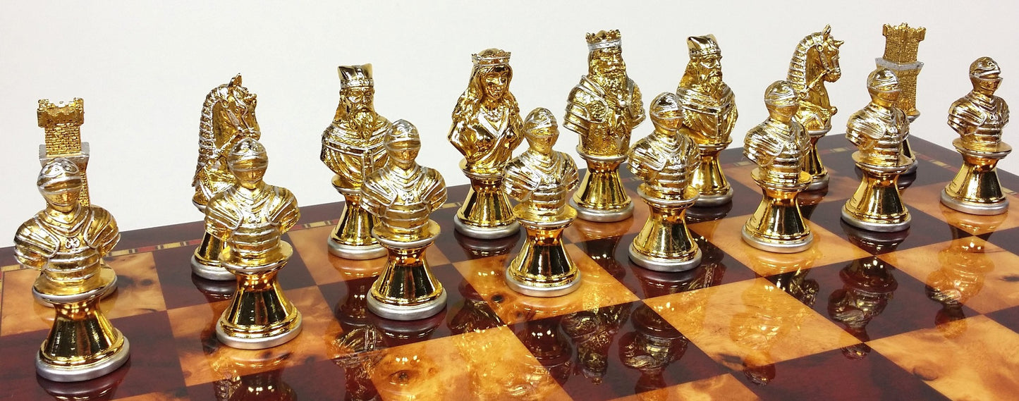 METAL Medieval Times Crusades Gold & Silver Busts Chess Set 18" Cherry Color Bd