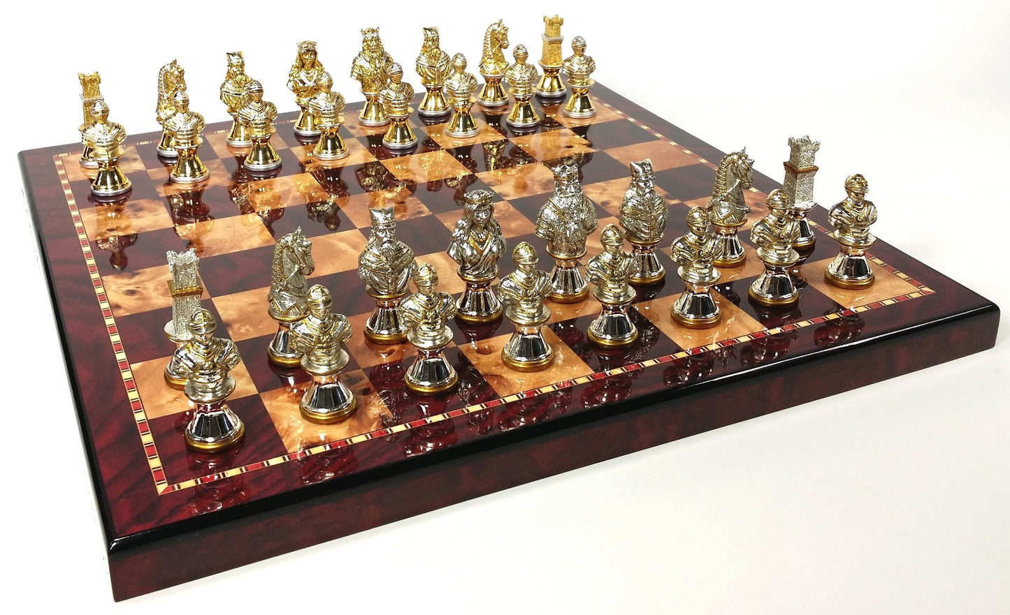 METAL Medieval Times Crusades Gold & Silver Busts Chess Set 18" Cherry Color Bd
