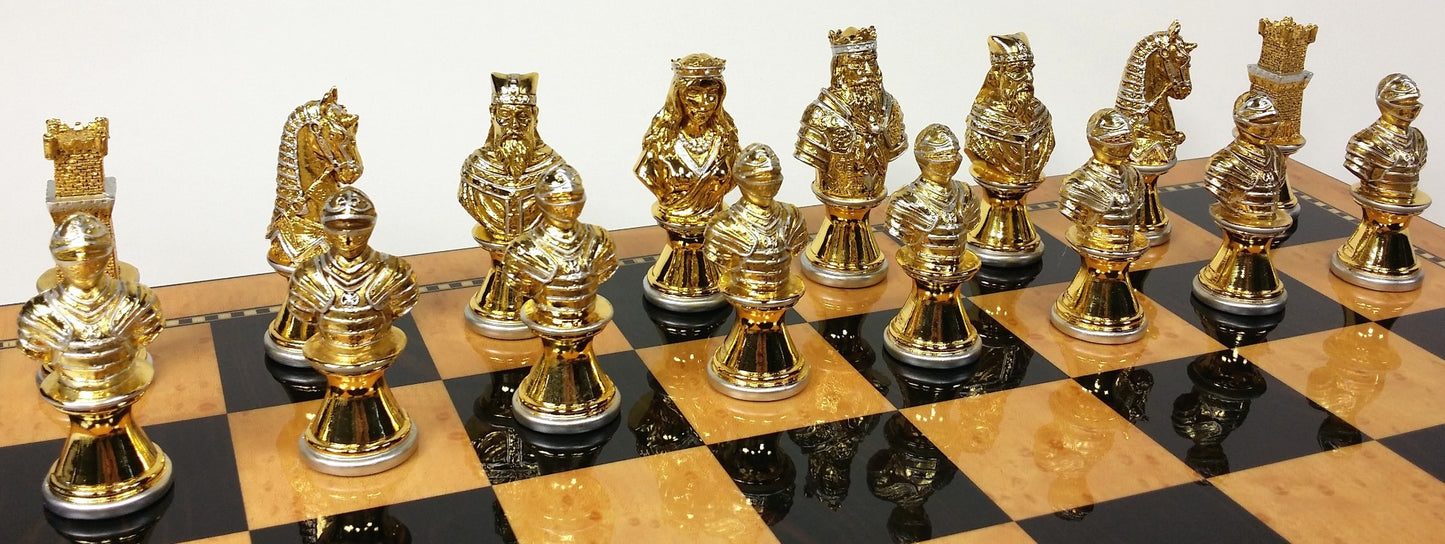 METAL Medieval Times Crusades Gold & Silver Busts Chess Set 18" Walnut Color Bd