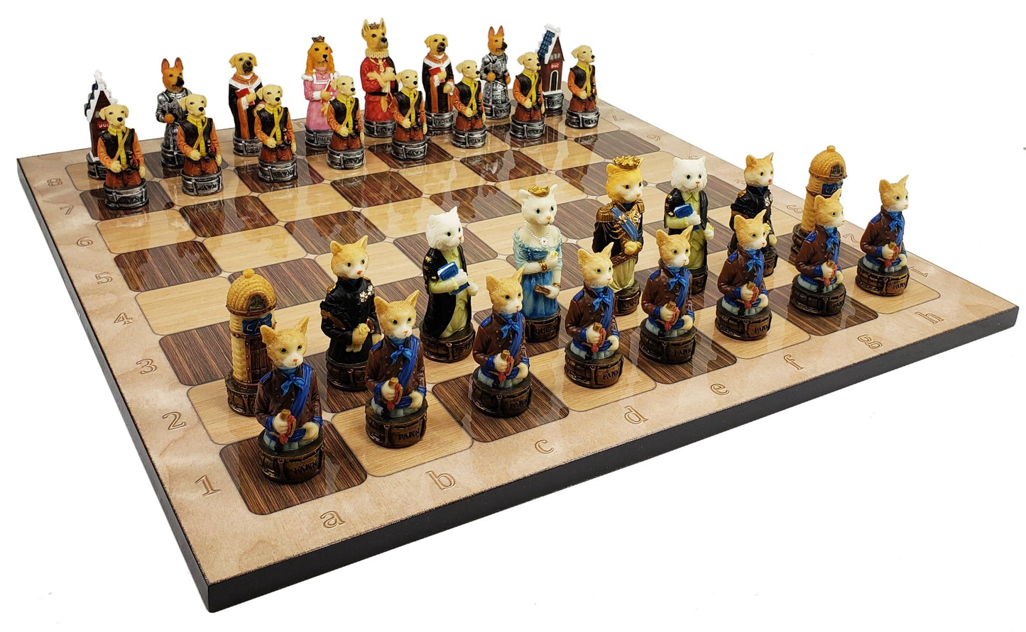 Cats Vs Dogs Animal Painted Chess Set With 17" Rustic Color Board