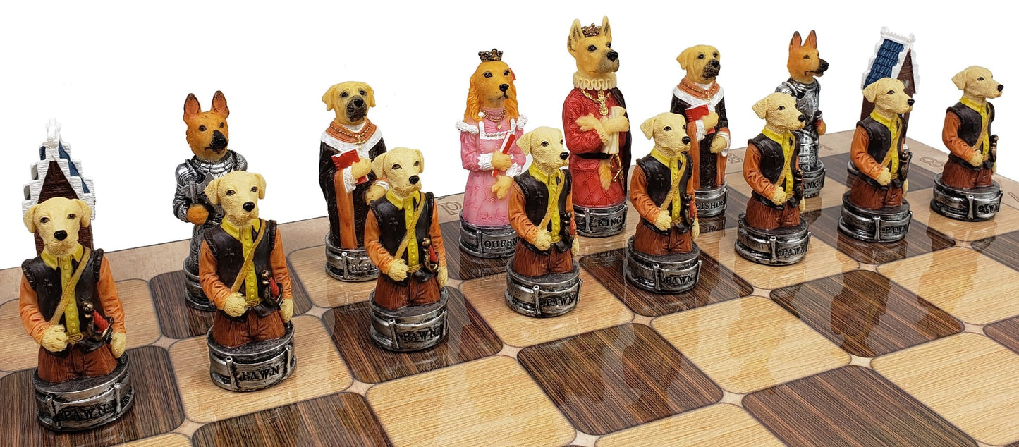 Cats Vs Dogs Animal Painted Chess Set With 17" Rustic Color Board