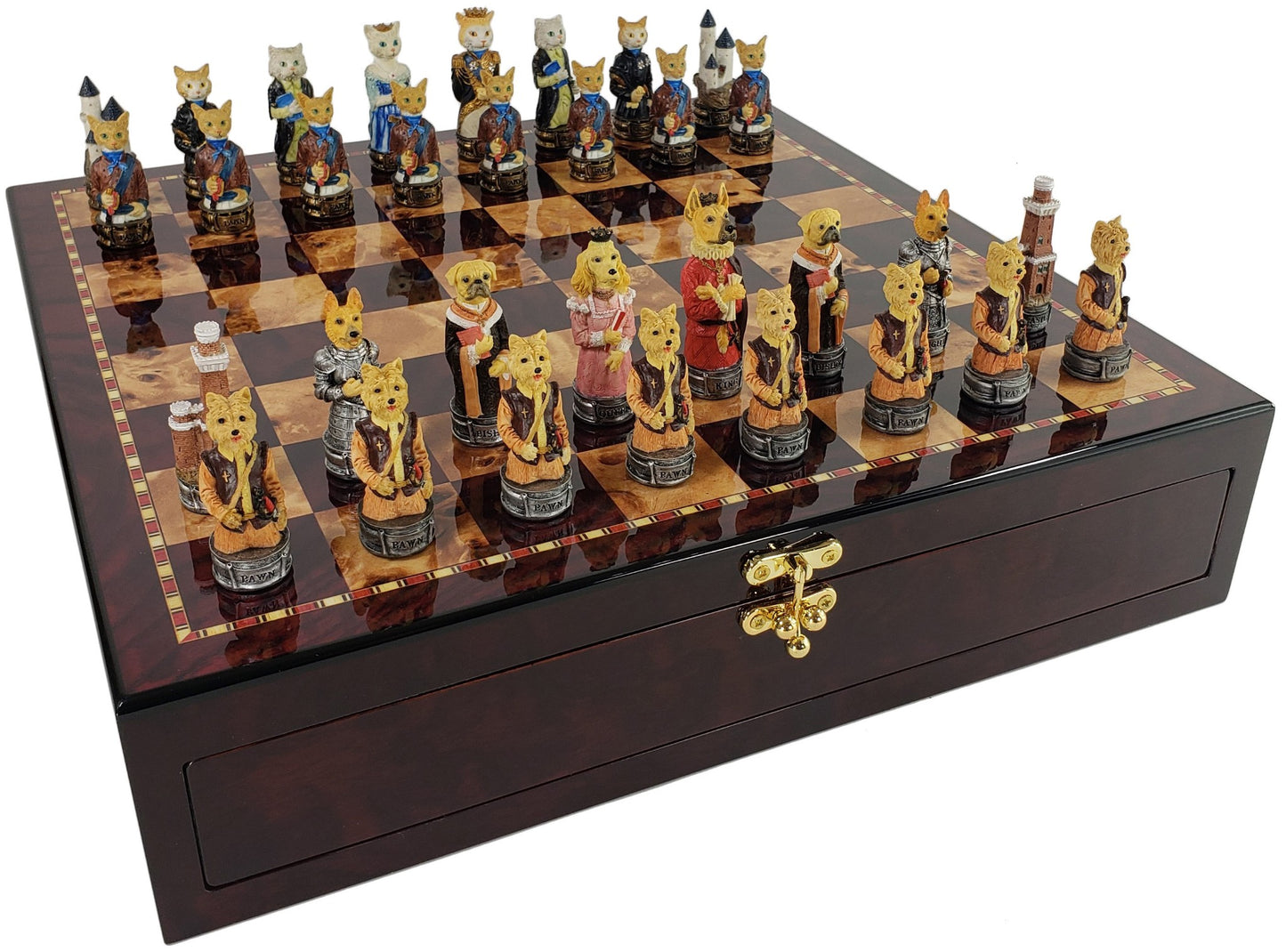 Cats Vs Dogs Animal Chess Set With 17" Cherry Color Storage Board