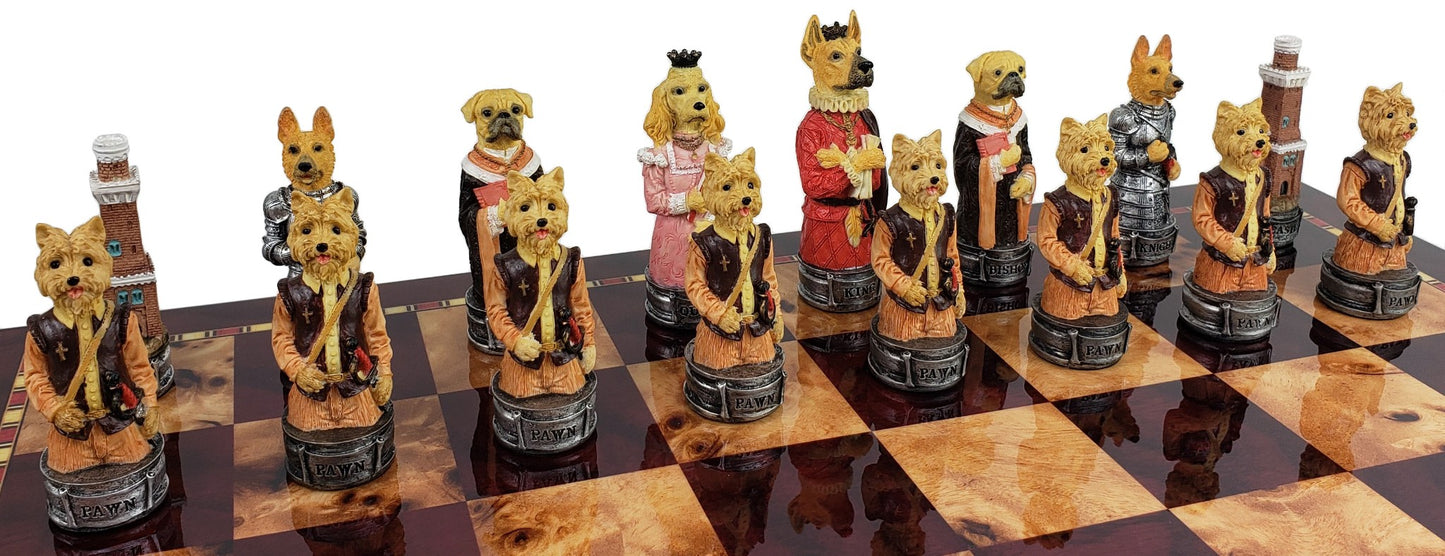 Cats Vs Dogs Animal Chess Set With 17" Cherry Color Storage Board