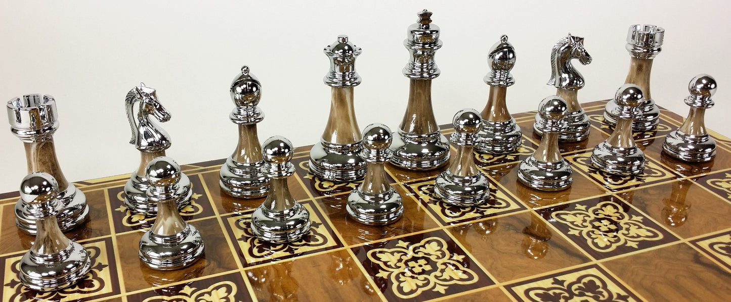 Staunton Chrome & Black Pro Plastic Chess Men Set W 17" Burlwood Color Board