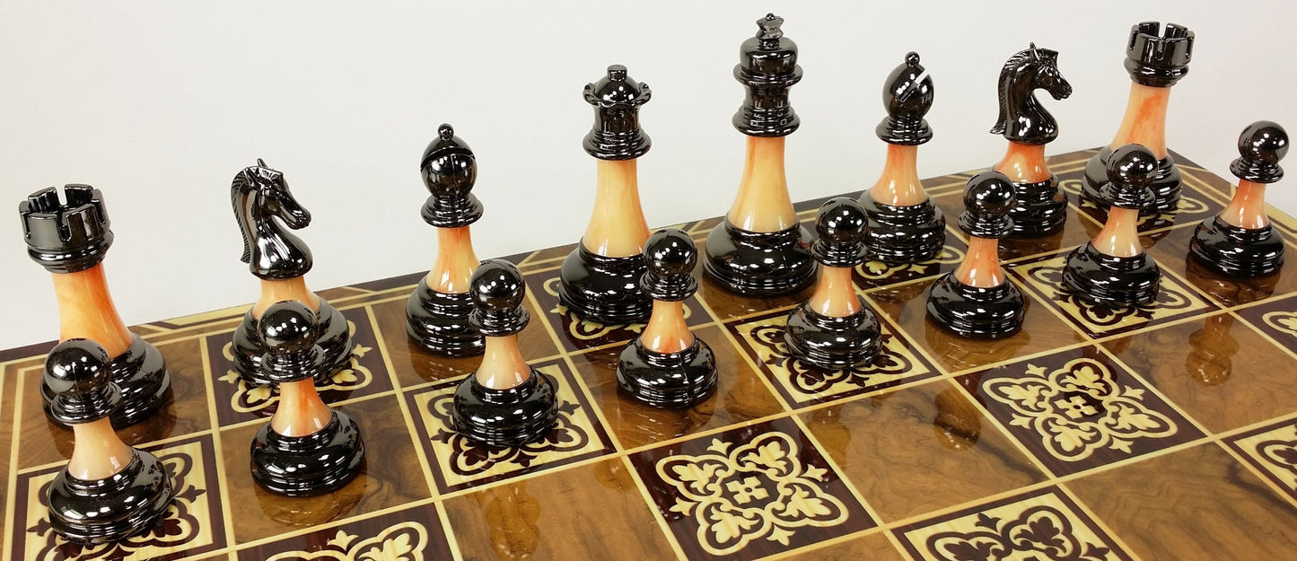 Staunton Chrome & Black Pro Plastic Chess Men Set W 17" Burlwood Color Board