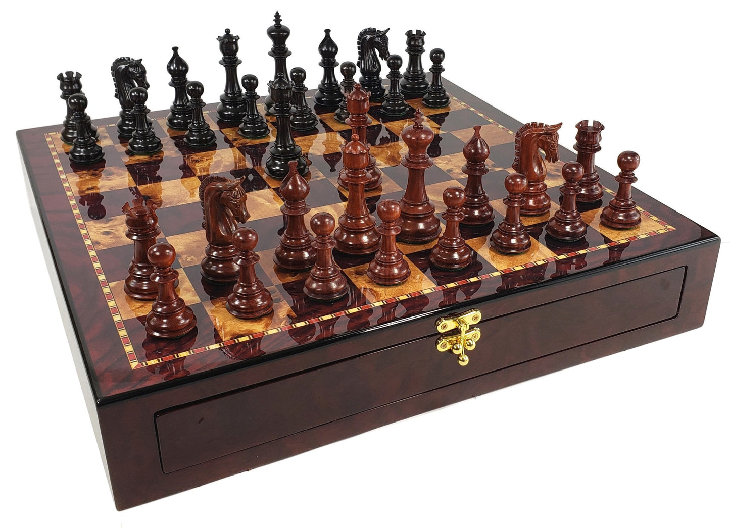 BLOODWOOD & EBONY Large Staunton LUXURY Chess Set Cherry Color Storage Board