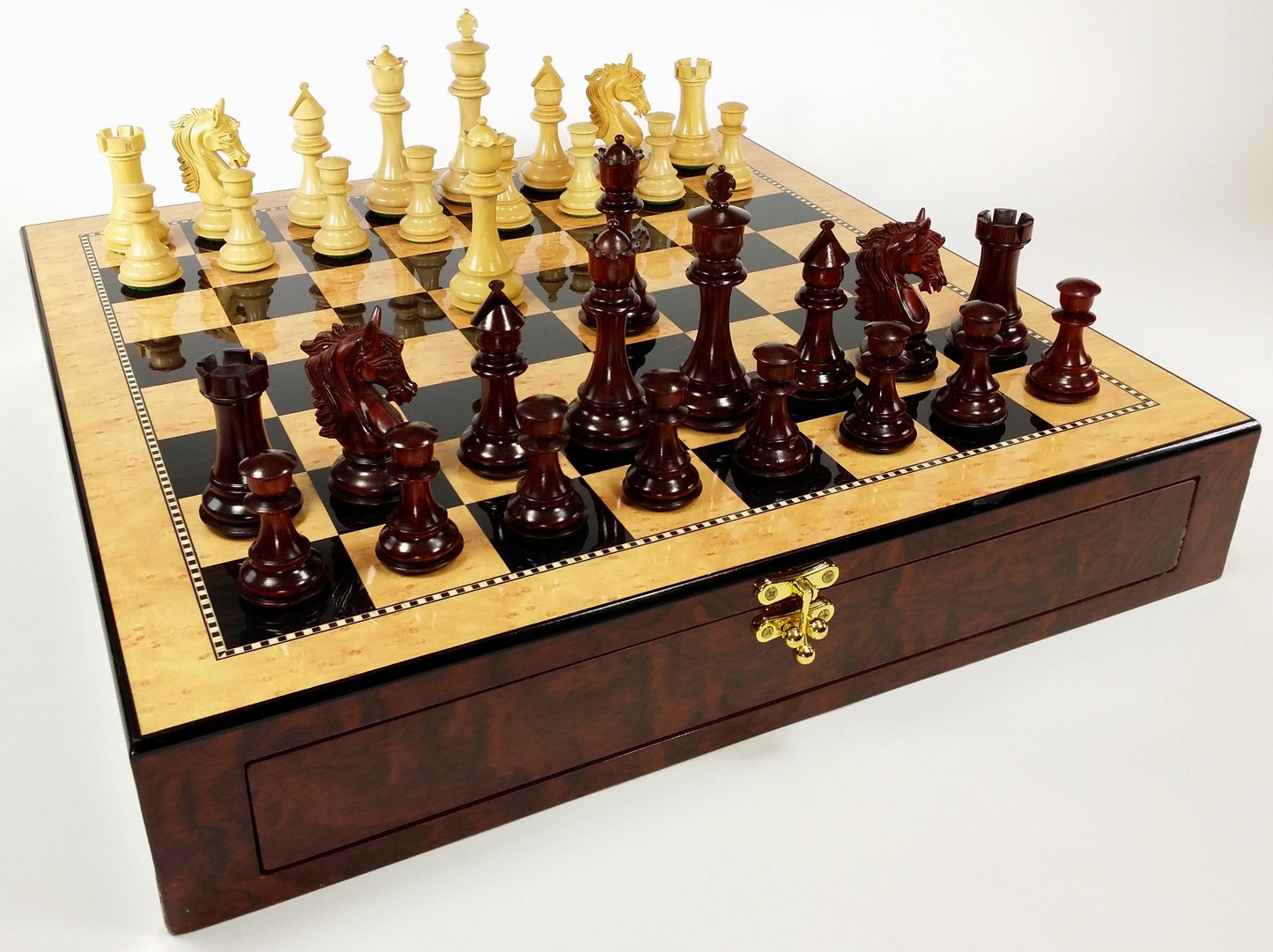 BLOOD ROSEWOOD STALLION KNIGHT Large Staunton Chess Set Walnut Color STORAGE Brd