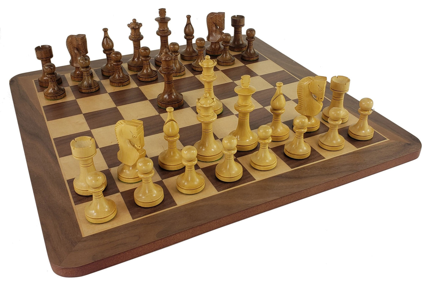 4 Queens Acacia 3 1/2" King Staunton Wood Chess Set W/ 17" Walnut & Maple Board