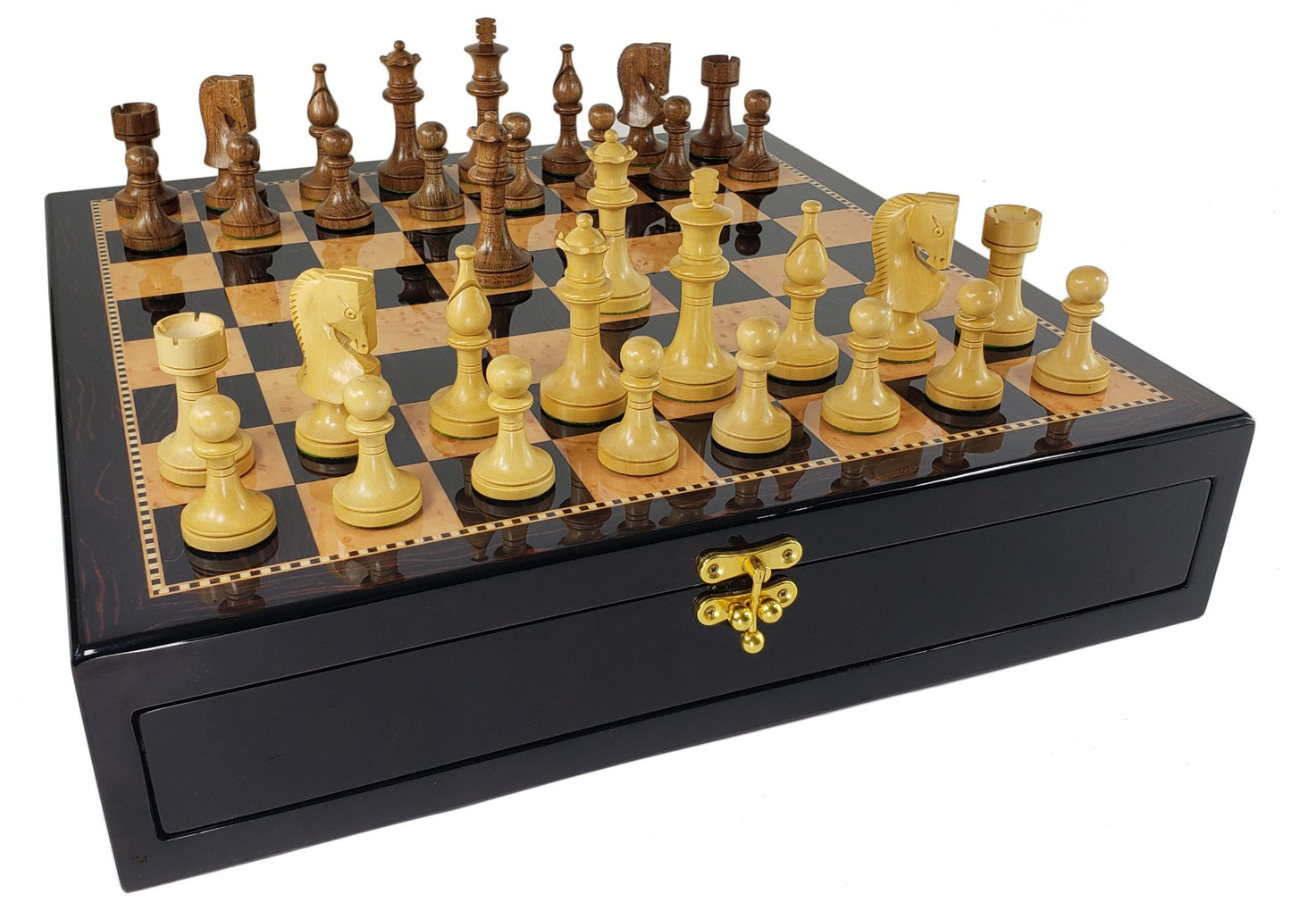 4 Queens Acacia 3.5" Staunton Wood Chess Set Gloss Dark Walnut Color Storage Brd