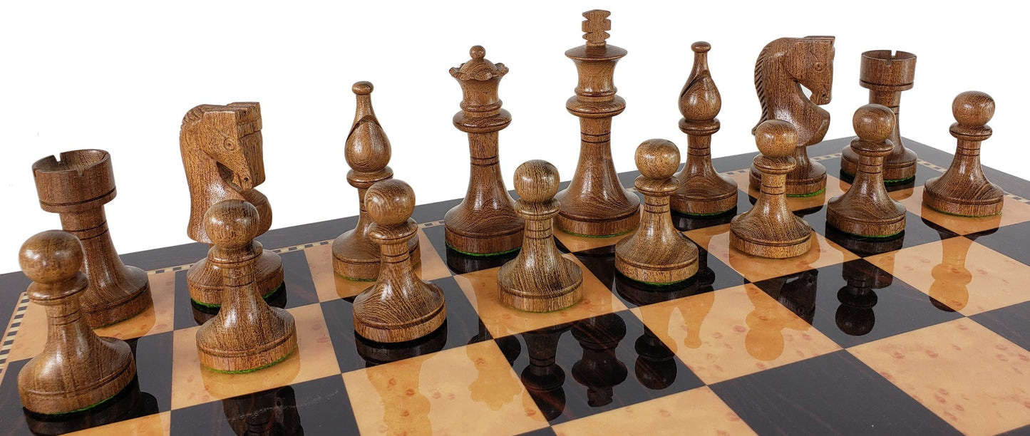 4 Qns Acacia 3 1/2" Staunton Wood Chess Set 18" Dark Walnut & Maple Color Board