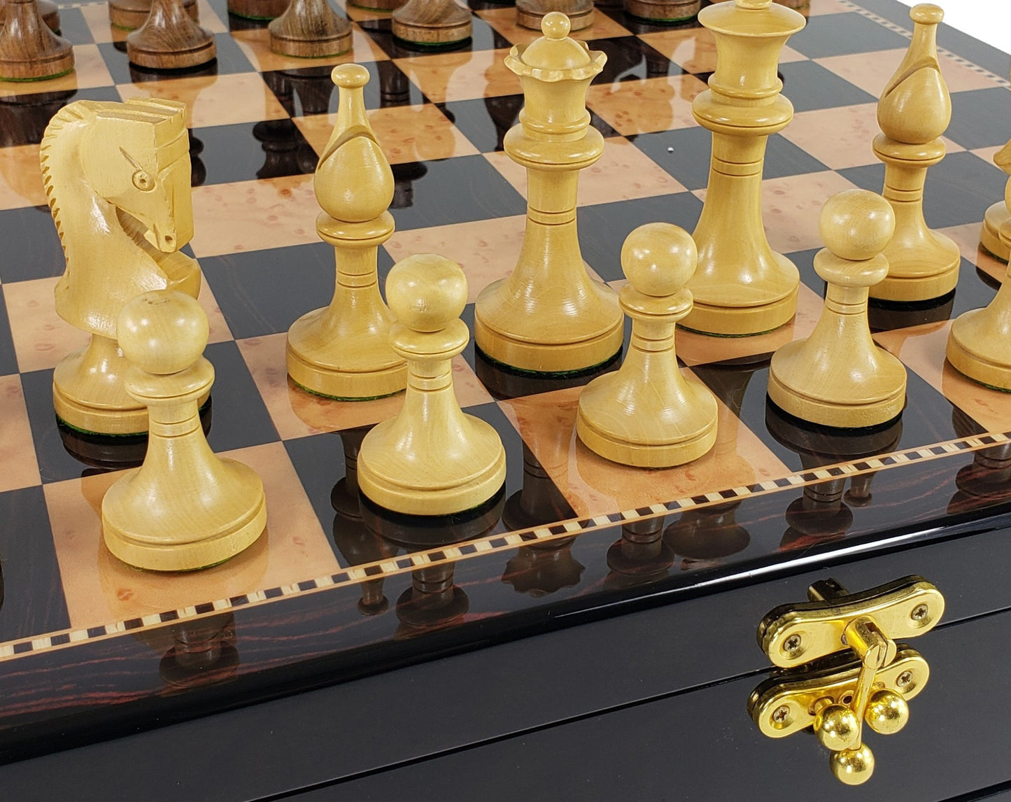 4 Queens Acacia 3.5" Staunton Wood Chess Set Gloss Dark Walnut Color Storage Brd
