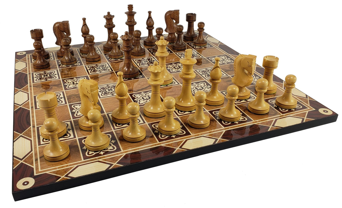 4 QN Acacia 3 1/2" King Staunton Wood Chess Pieces Set 17" Burlwood Color Board