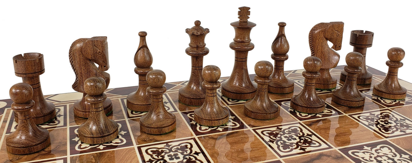 4 QN Acacia 3 1/2" King Staunton Wood Chess Pieces Set 17" Burlwood Color Board
