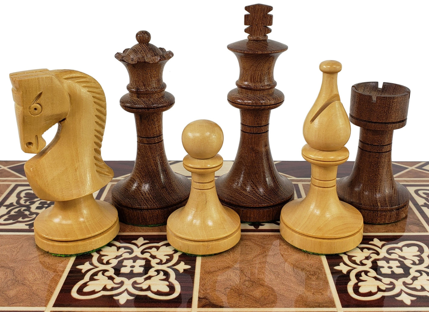 4 QN Acacia 3 1/2" King Staunton Wood Chess Pieces Set 17" Burlwood Color Board