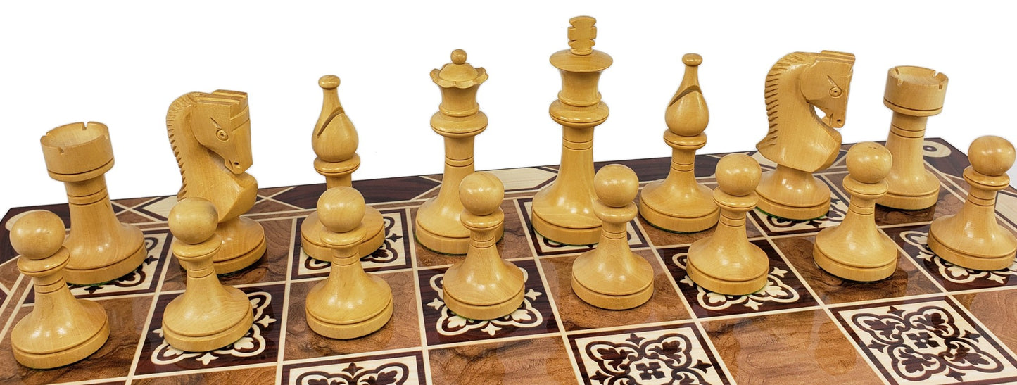4 QN Acacia 3 1/2" King Staunton Wood Chess Pieces Set 17" Burlwood Color Board