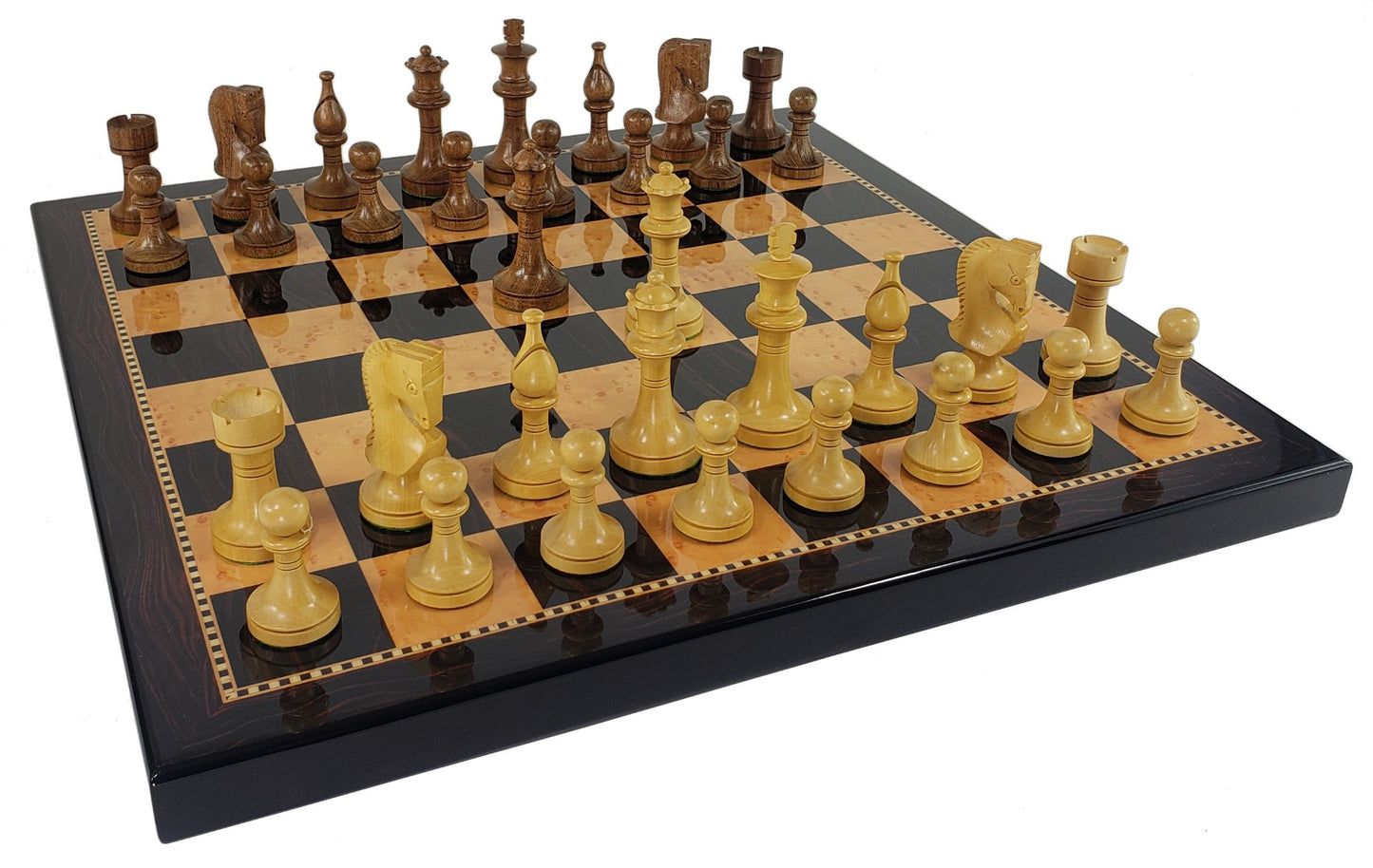 4 Qns Acacia 3 1/2" Staunton Wood Chess Set 18" Dark Walnut & Maple Color Board