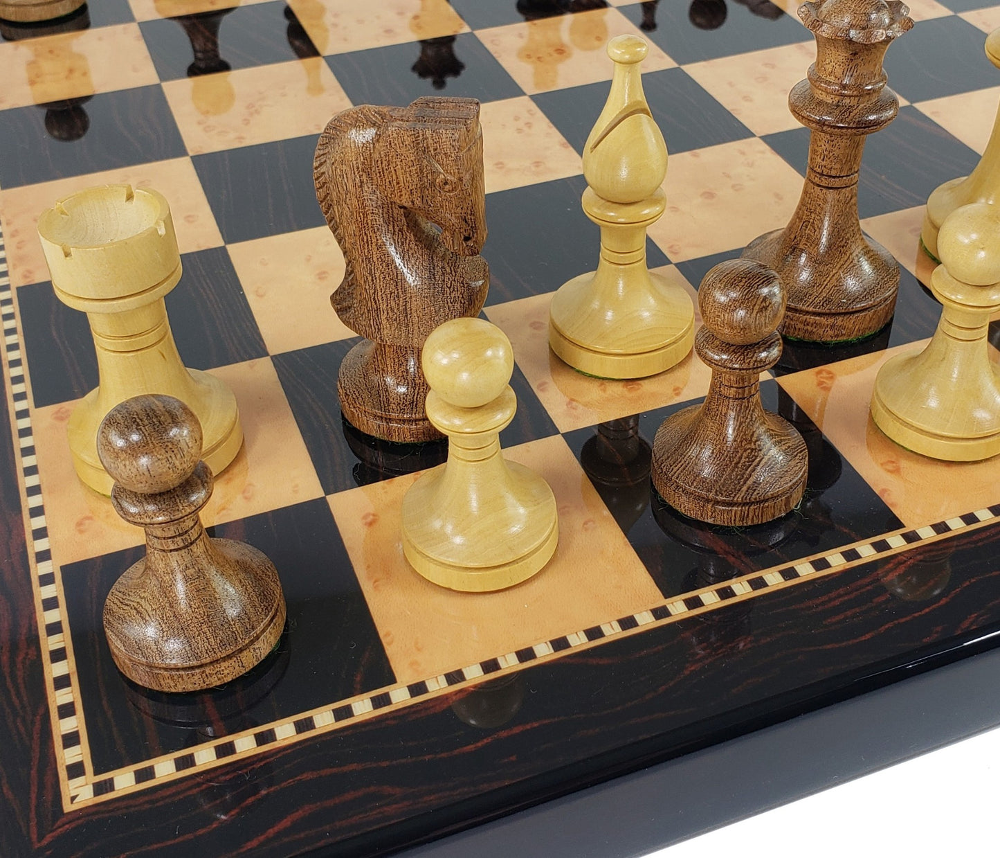 4 Qns Acacia 3 1/2" Staunton Wood Chess Set 18" Dark Walnut & Maple Color Board