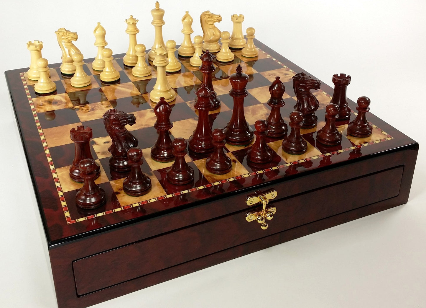 BLOOD ROSEWOOD 3 3/4" Anderssen Staunton Wood Chess Set Cherry Color Storage Bd