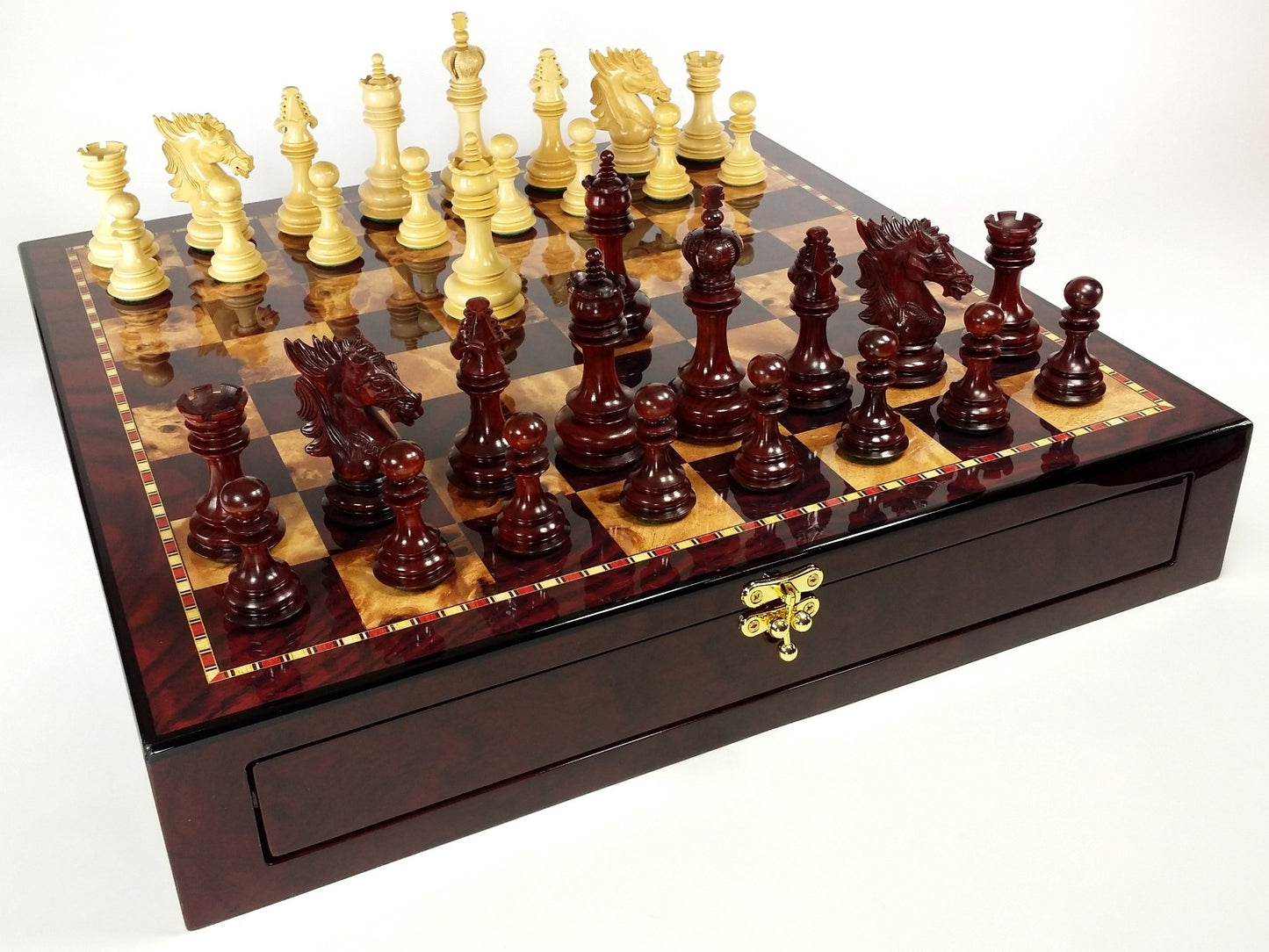 BLOOD ROSEWOOD DRAGON 4 5/8" Large Staunton Chess Set Cherry Color Storage Board