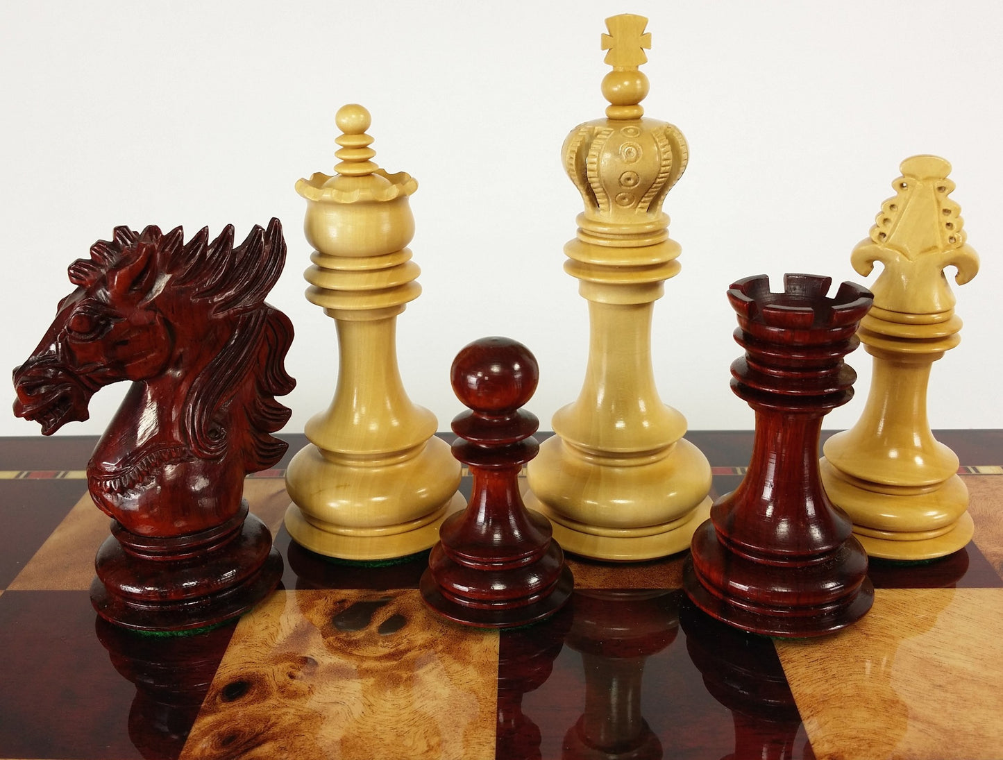 BLOOD ROSEWOOD DRAGON 4 5/8" Large Staunton Chess Set Cherry Color Storage Board