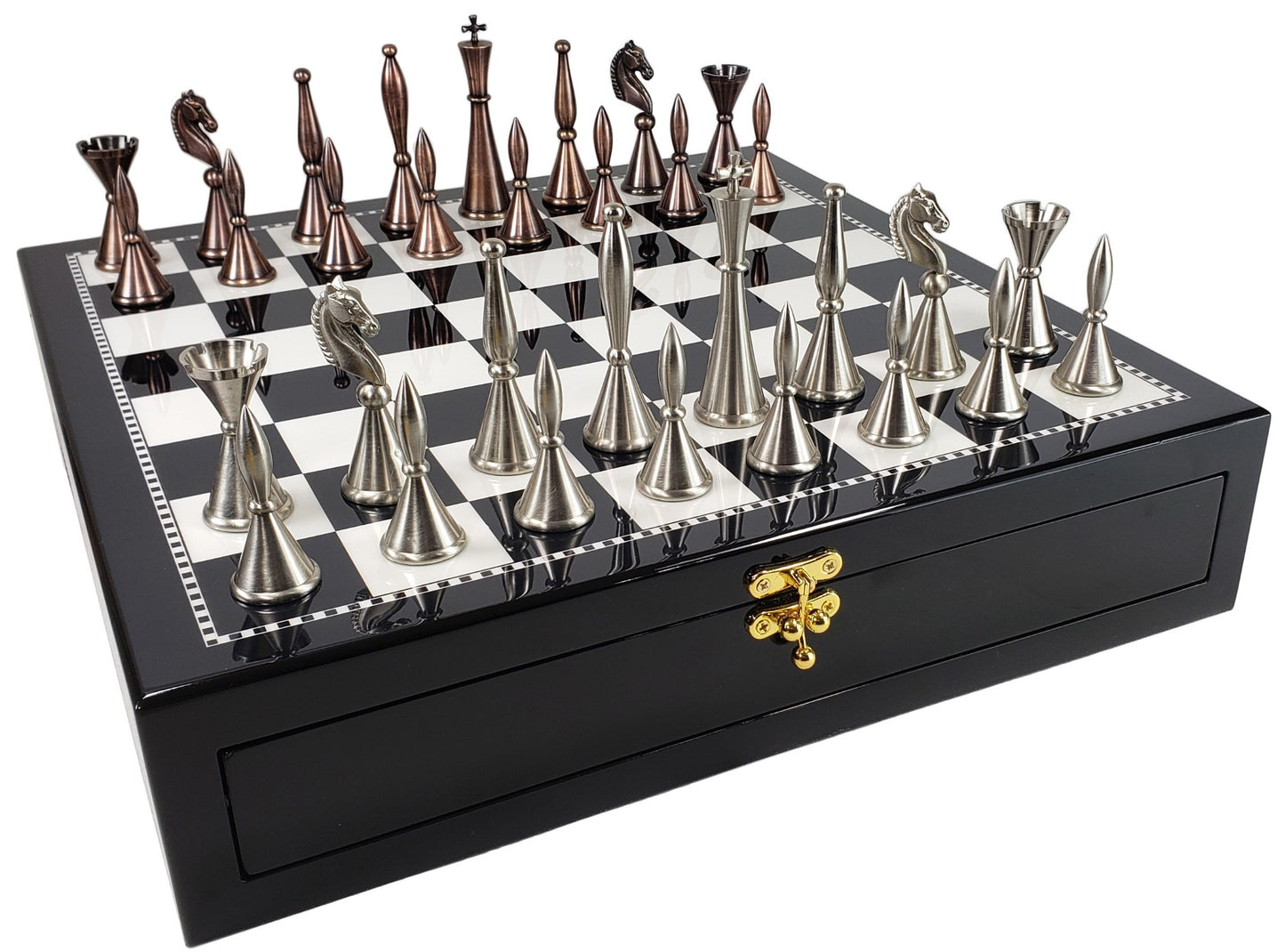 Brass Metal Modern Art Deco Staunton Chess Set 17" Black & White Storage Board