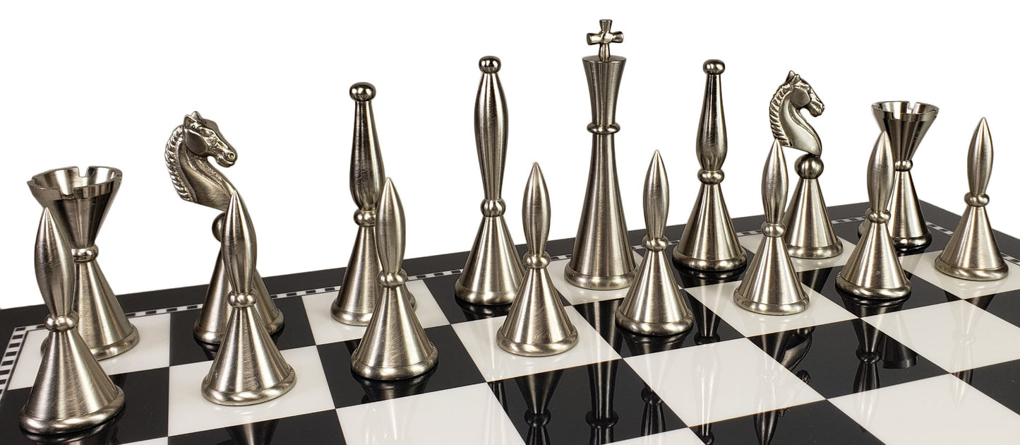 Brass Metal Modern Art Deco Staunton Chess Set 17" Black & White Storage Board